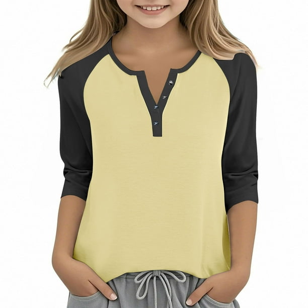 Cowsor Girl's Casual 3/4 Sleeve T Shirts Button V Neck Tunic Blouses Color Block Basic Tee Tops Loose Fit Summer Shirt