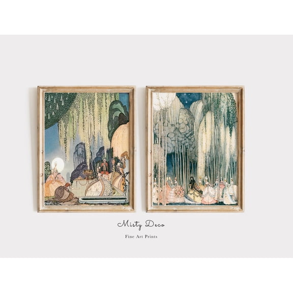 RARE Fairy Tale Illustration by Kay Nielsen Whimsical Princesses Dancing Garden Enchanting Set 2 Unframed Paper Print 8x12