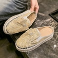 thumbnail image 5 of Beige Women Half-Slip Rhinestone Bow Slip-On Shoes Round Toe Thick Sole Comfortable Casual, 5 of 9