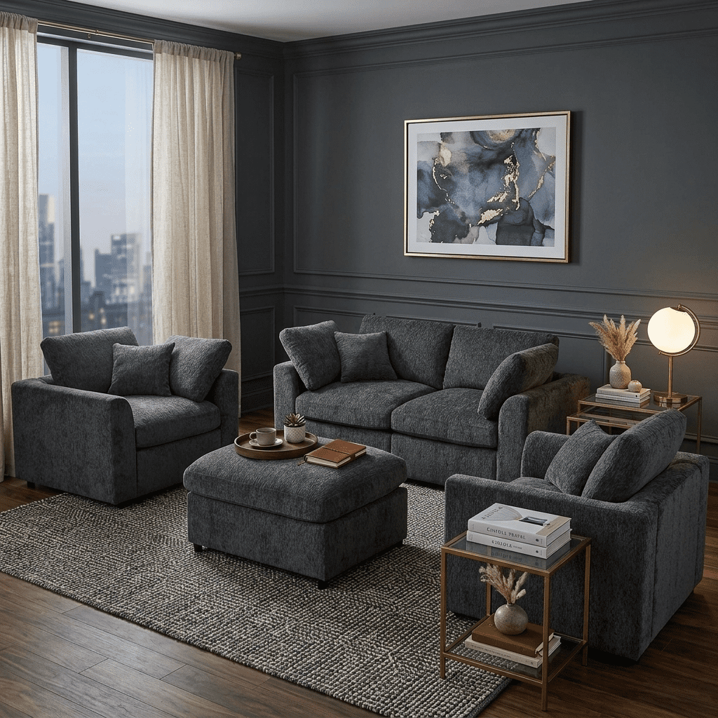 Howcool 4-Piece Modular Sectional Sofa Set,2 Accent Chairs + Loveseat + Movable Ottoman,Chenille Sofa Couch with Solid Wood Frame for Living Room Furniture,Gray