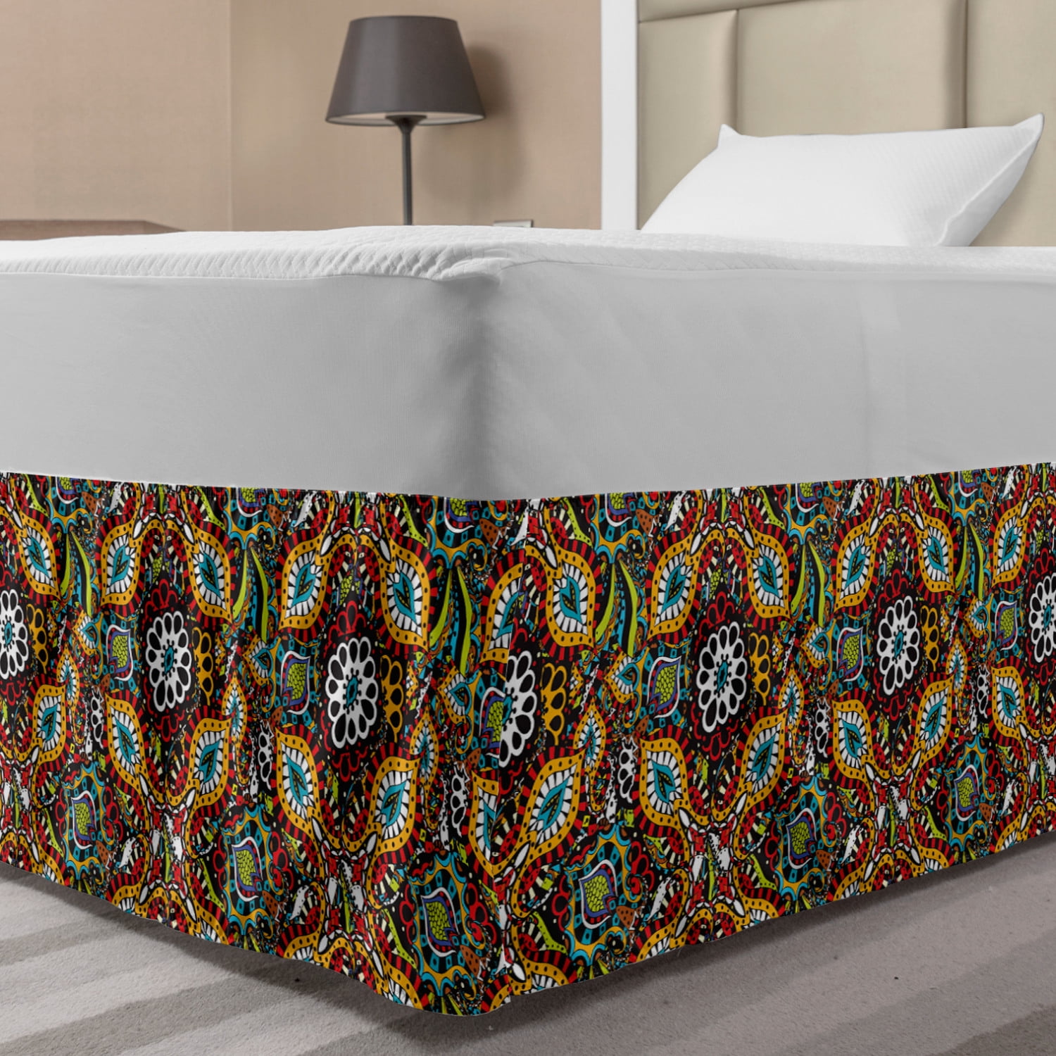 Traditional Bed Skirt, Folk Funky Pattern with Eastern Bohemian Gypsies