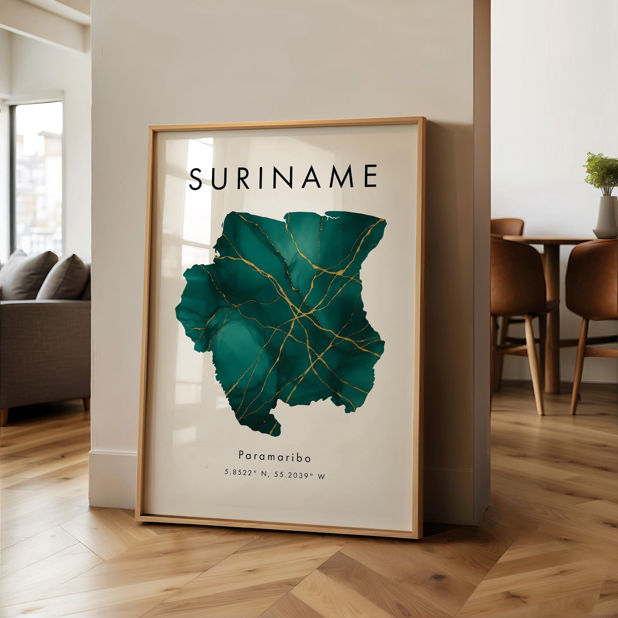 Suriname Map PRINTED Poster Green and Gold South America Wall Art Print Home Decor Geography Map Gift Wallpaper