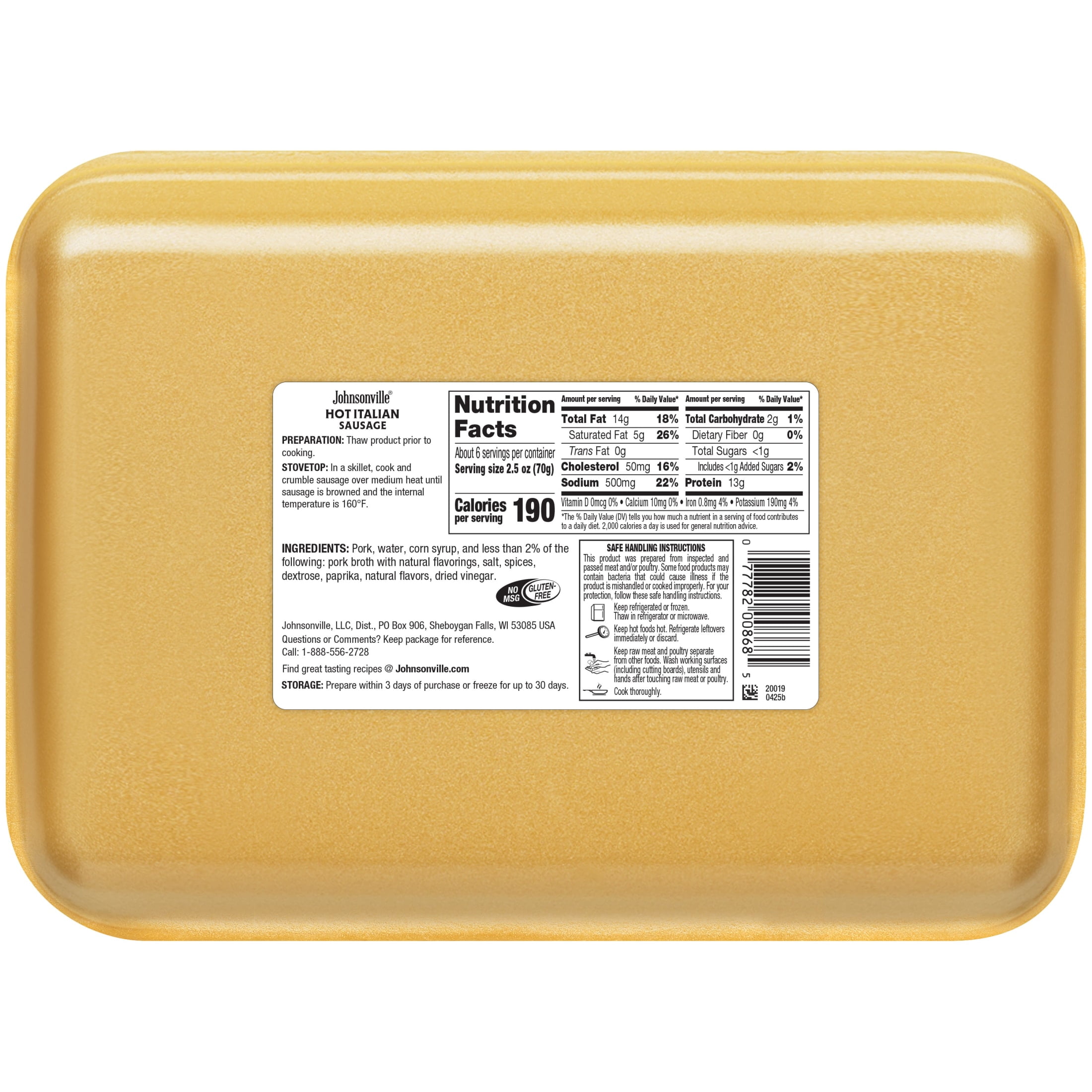 Johnsonville Premium 80% Lean/20% Fat Hot Italian Ground Pork Sausage, 1 lb Tray Refrigerated