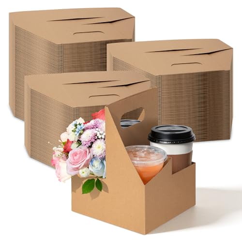 FMP Brands 4 Cup Disposable Drink Carrier with Handle, 200 Pack Kraft Paperboard Handled Cup Carrier, 12-30 oz to Go Coffee Cup Holder, Cup Carrier for Cold Hot Drinks, Valentine Mother's Day