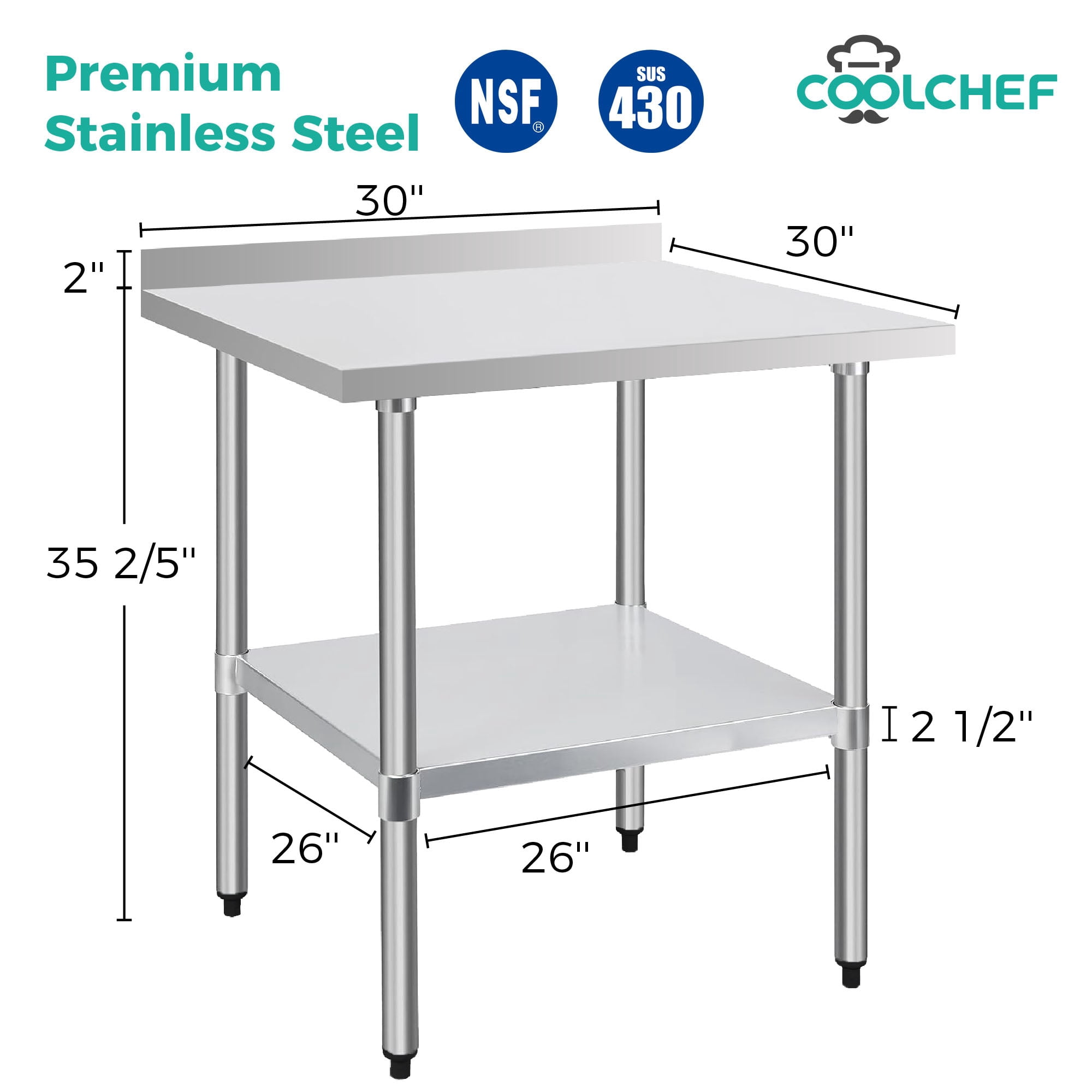 CQSXDA 30 Inch x 30 Inch Heavy-Duty Stainless Steel Commercial Work Table with 4 Inch Backsplash and Undershelf