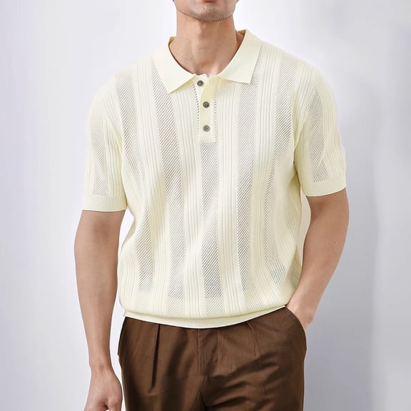 Yaoyar Mens Short Sleeve Shirt Mesh Hollow Lapel -Style Knit Shirt a Casual Summer Beach Shirts Versatile Piece for Young People Made of Ice-Silk Material with Short Sleeves.