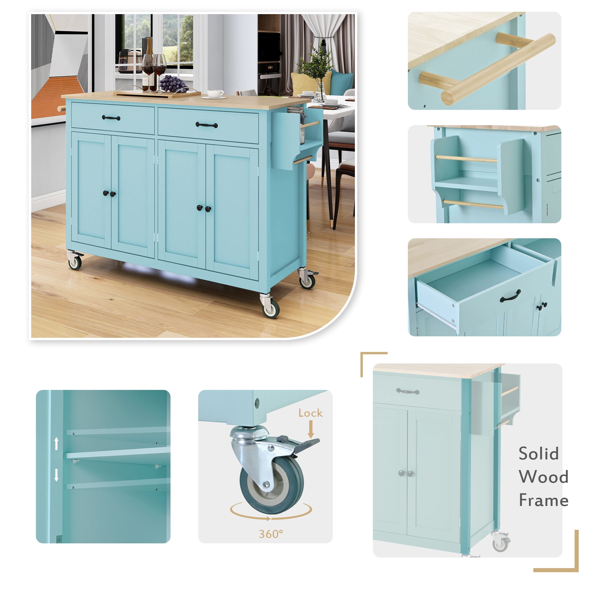 DEALTOPS 54.3" Kitchen Island Cart on Wheels, Kitchen Islands with Storage 4 Door Cabinet & Adjustable Shelves &Towel rack & 2 Drawers Storage Solid wood top-Mint Green