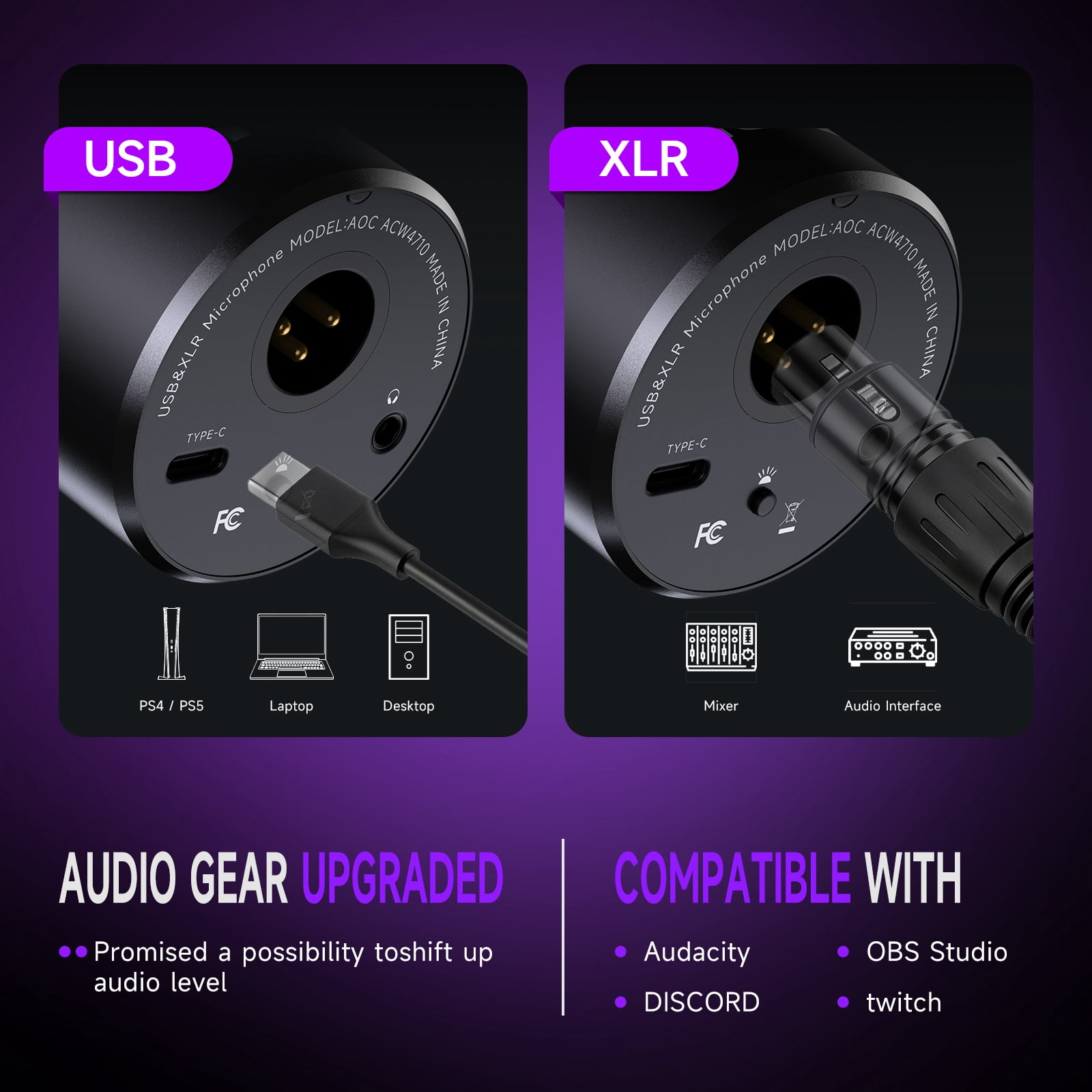 AOC USB/XLR Dynamic Microphone for Podcast Recording, PC Computer Gaming Streaming Mic with RGB Light, Mute Button, Headphones Jack, Desktop Stand, Vocal Mic for Singing YouTube, Black