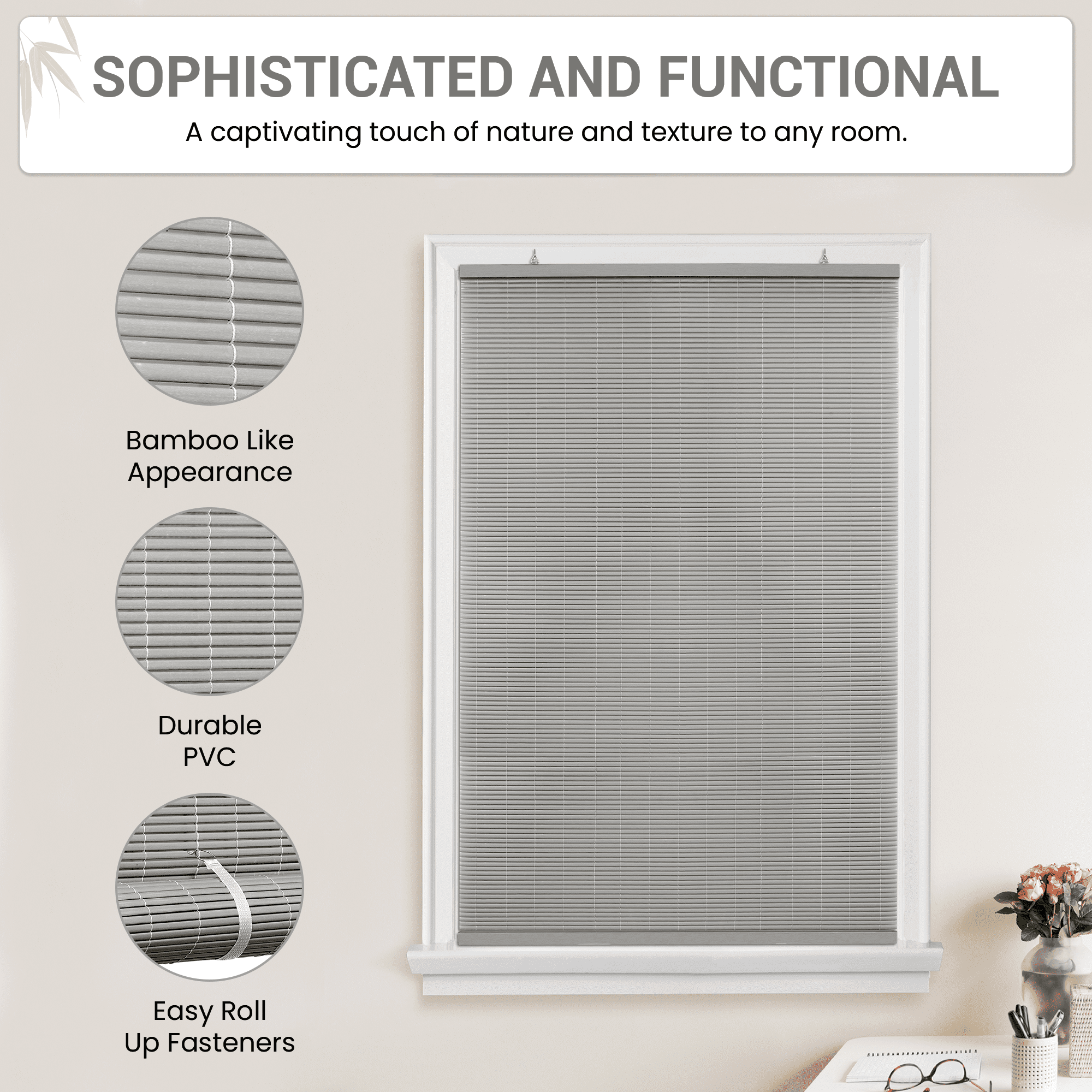 PowerSellerUSA Oval Cordless Blinds, Roll-Up Roller Shades for Windows and Doors, Light Filtering and Shades Privacy Window Treatment for Home - 60" (Width) x 72" (Length) Gray