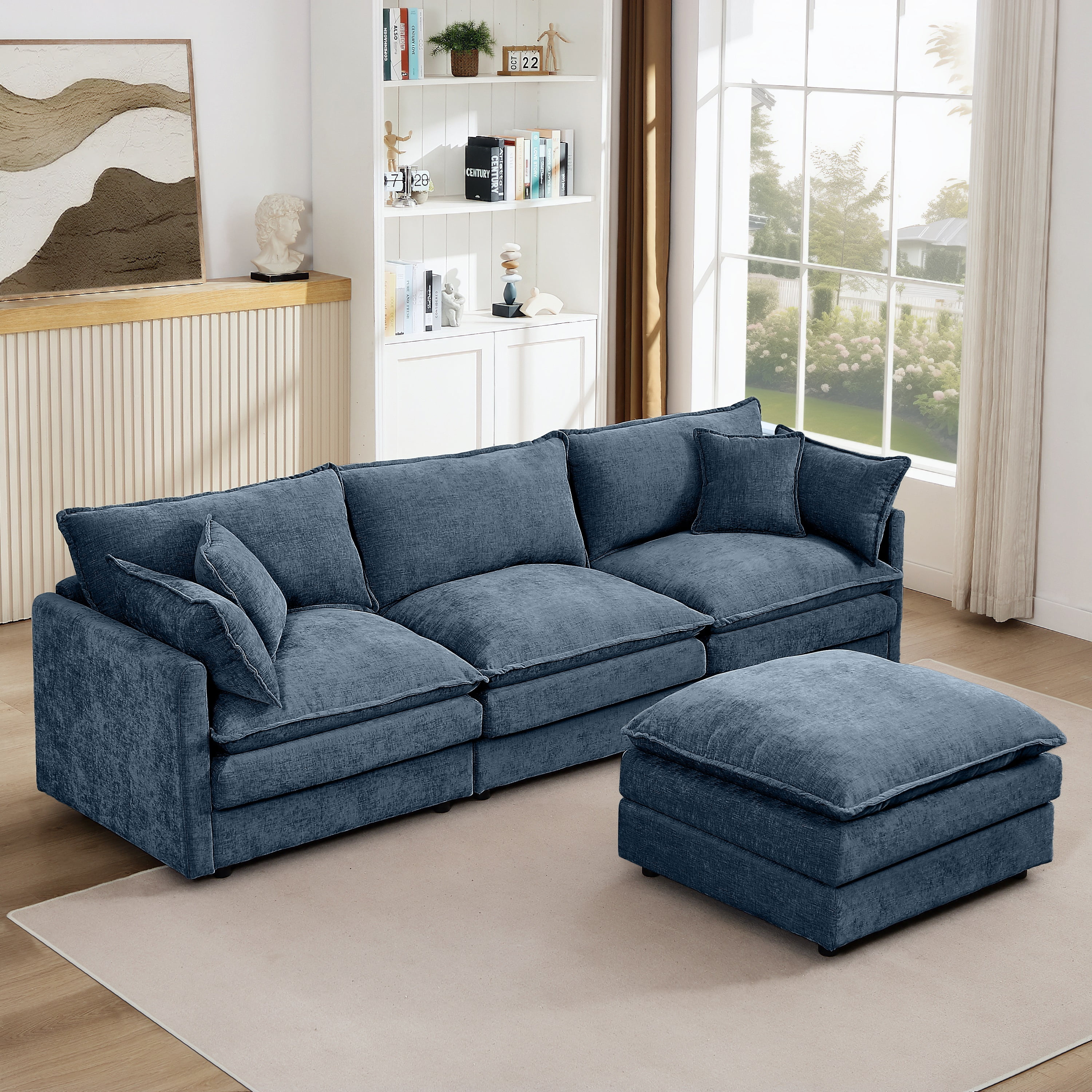 Muumblus Sectional Cloud Couch with Reversible Ottoman, L-Shaped Chenille Sofa for Living Room, Blue