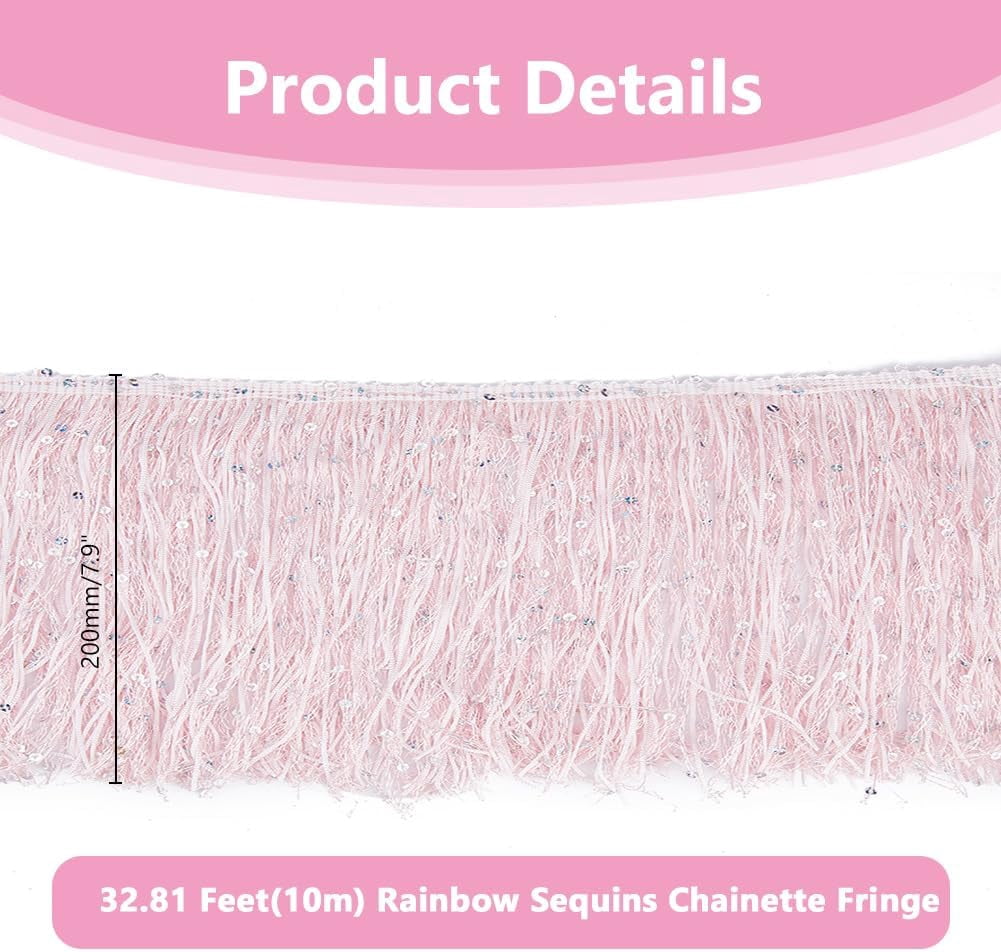 10.94 Yards Fringe Lace Trim 7-7/8 Inch Sequins Chainette Fringe Pink Tassel Sewing Ribbon Long Sparkling Fringe Trimming