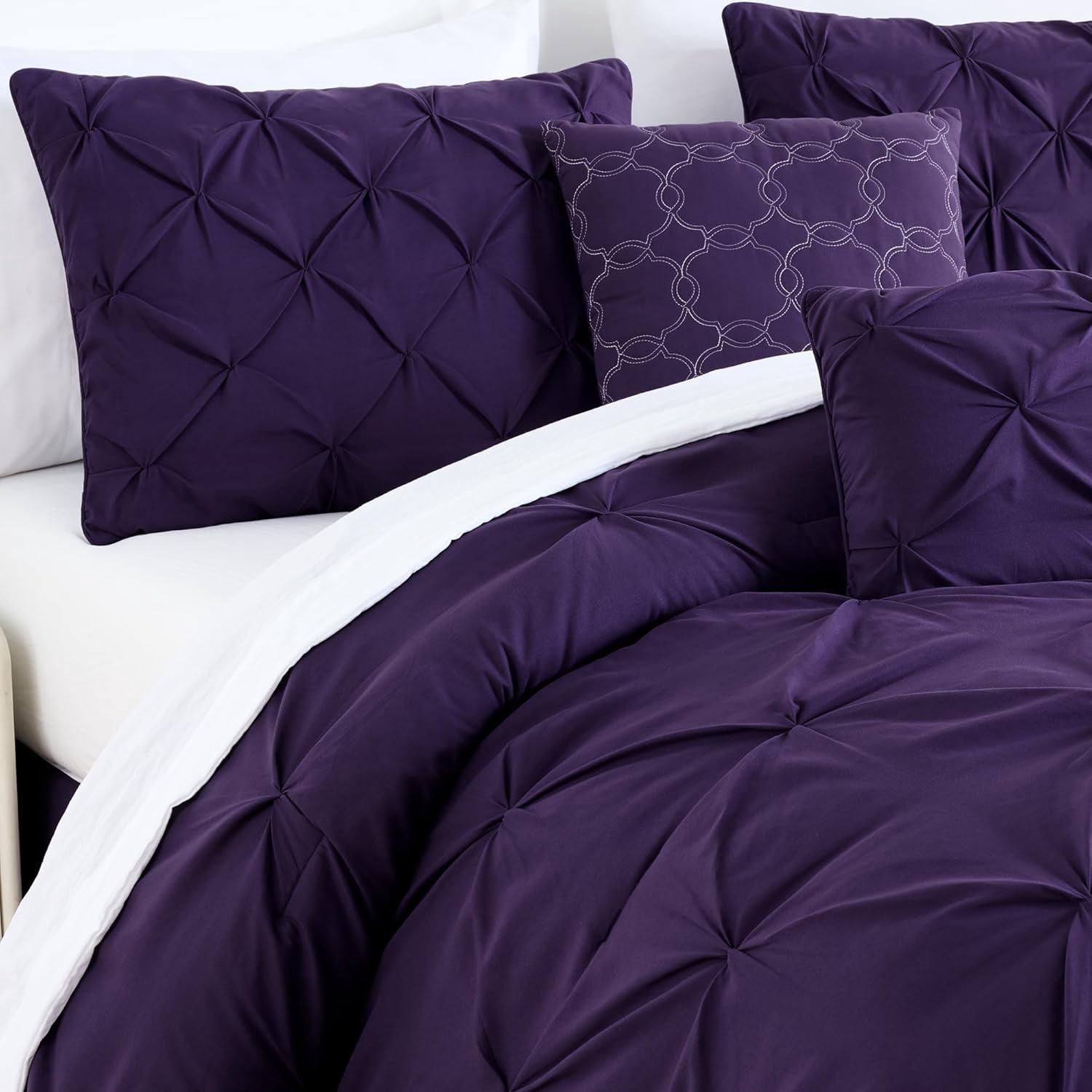 Chezmoi Collection Sydney 7-Piece Pinch Pleat Comforter Set, Lightweight Pintuck Bedding for All Season, Queen, Purple