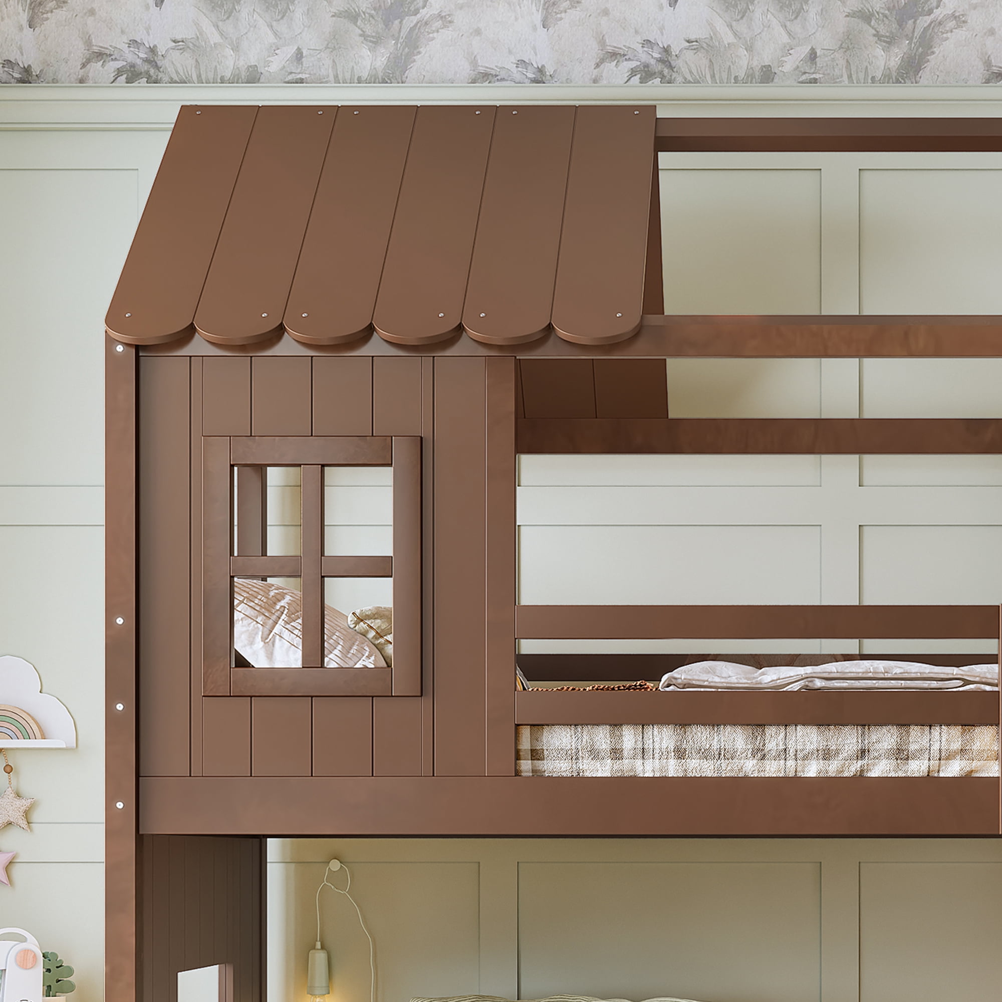 Twin over Full House Bunk Bed with Slide & Ladder, Wood Playhouse Bunk Bed with Storage Shelves & Wardrobe, Floor Bunk Bed for All Ages, Deep Natural