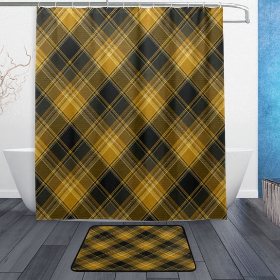 TTYFWHD 60" x 72" Shower Curtain and Bath Mat Set Vintage Tartan Plaid Waterproof Bathroom Curtain with 12 Hooks, Bathroom Decor Set