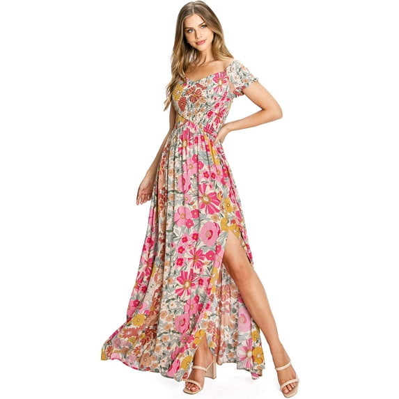 Aakaa Women's Formal Floral Smocked Off Shoulder Maxi Dress (Small, Sand)