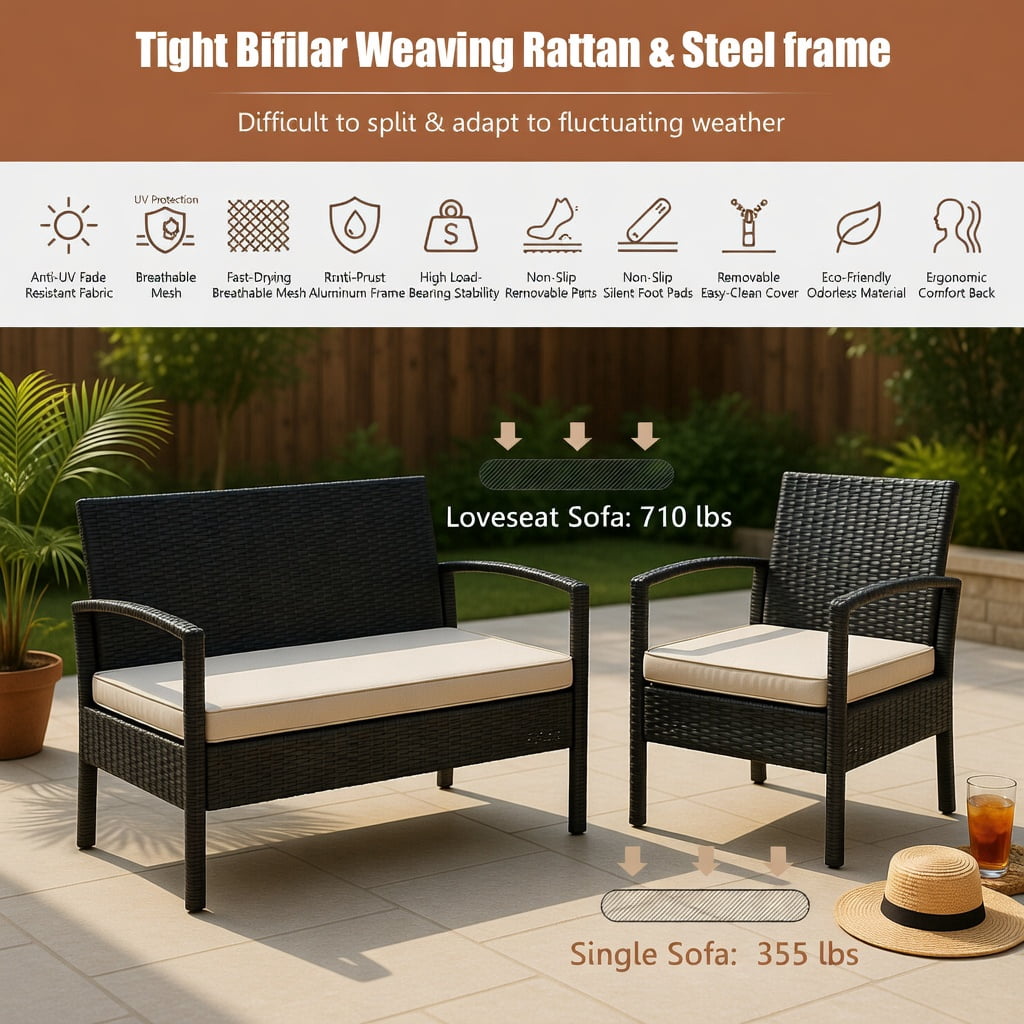 Hommoo 4-Piece Outdoor Rattan Patio Conversation Set, Double Loveseat, 2 Single Sofas & Glass-Top Coffee Table, All-Weather PE Wicker with Steel Frame, Black