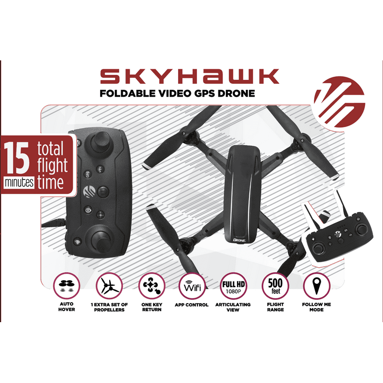 Vivitar Skyhawk Foldable Video GPS Drone with One-Button Takeoffs and  Landings, Black