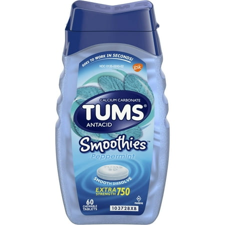 TUMS Antacid Chewable Tablets, Smoothies Peppermint for Heartburn Relief, 60 count