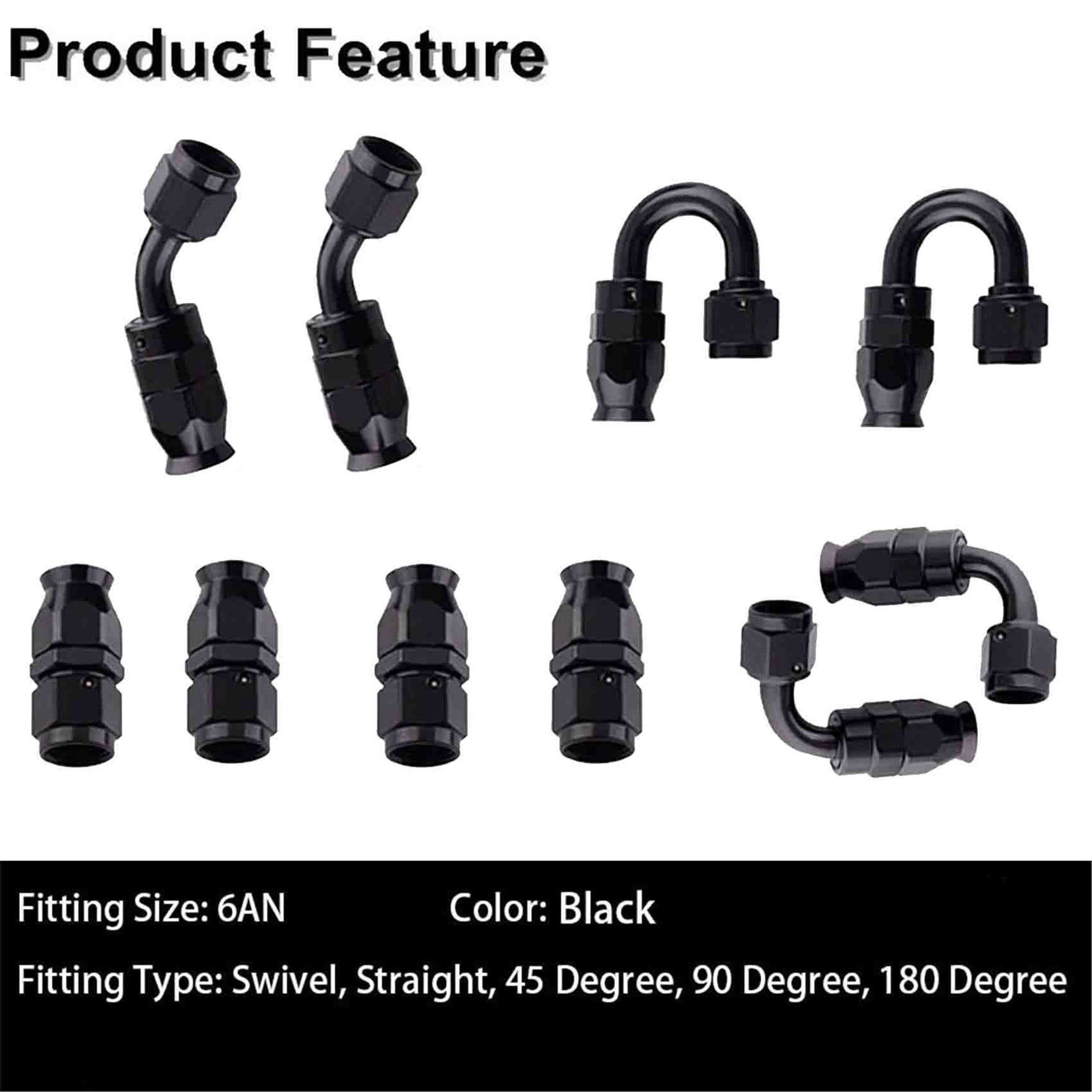 6AN Fuel Line Hose Kit Black Nylon PTFE (Teflon) 20 Feet Gas Ethanol E85 Oil Line Hose with 10PCS Swivel Fuel Hose Fitting Adapter Kit