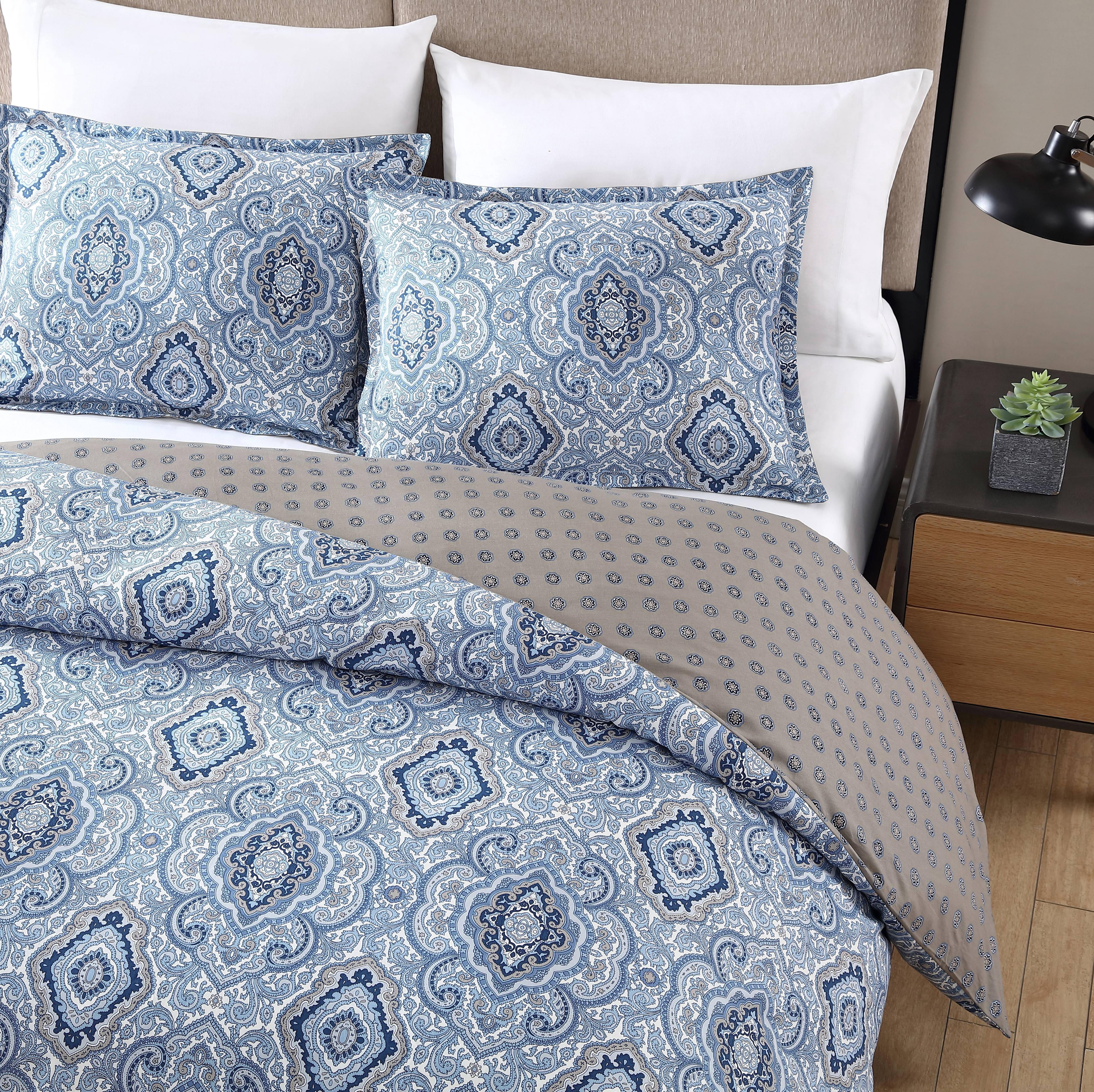 City Scene Milan Cotton Blue 3 Piece Duvet Cover Set-Full/Queen