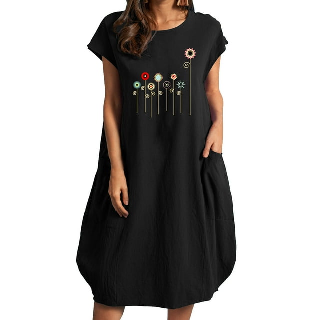 Robes pour Femmes 2022 Robe à Manches Courtes à Col Rond Grande Taille Robe Imprimée Décontractée Ample d'Été Midi avec Poches