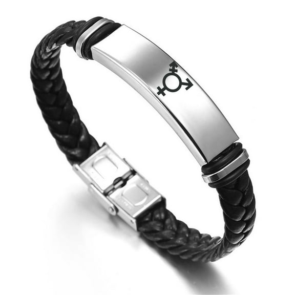 Transgender Black Leather Bracelet with Buckle Transgender Pride Symbol Stainless Steel ID Bangle LGBTQ Non-binary Jewelry, 8.26 Inches, Black