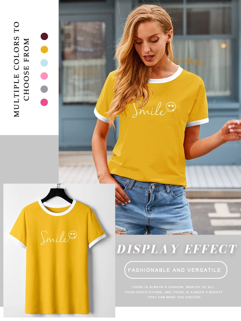 ZXSXSY Womens Summer Cute Smile Face Funny T-Shirts Trendy Graphic