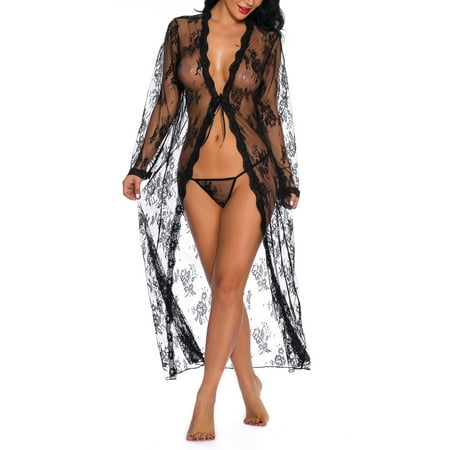 

Lumento Women Sexy Lingerie Long Lace Dress Sheer Gown See Through Kimono Robe Black L