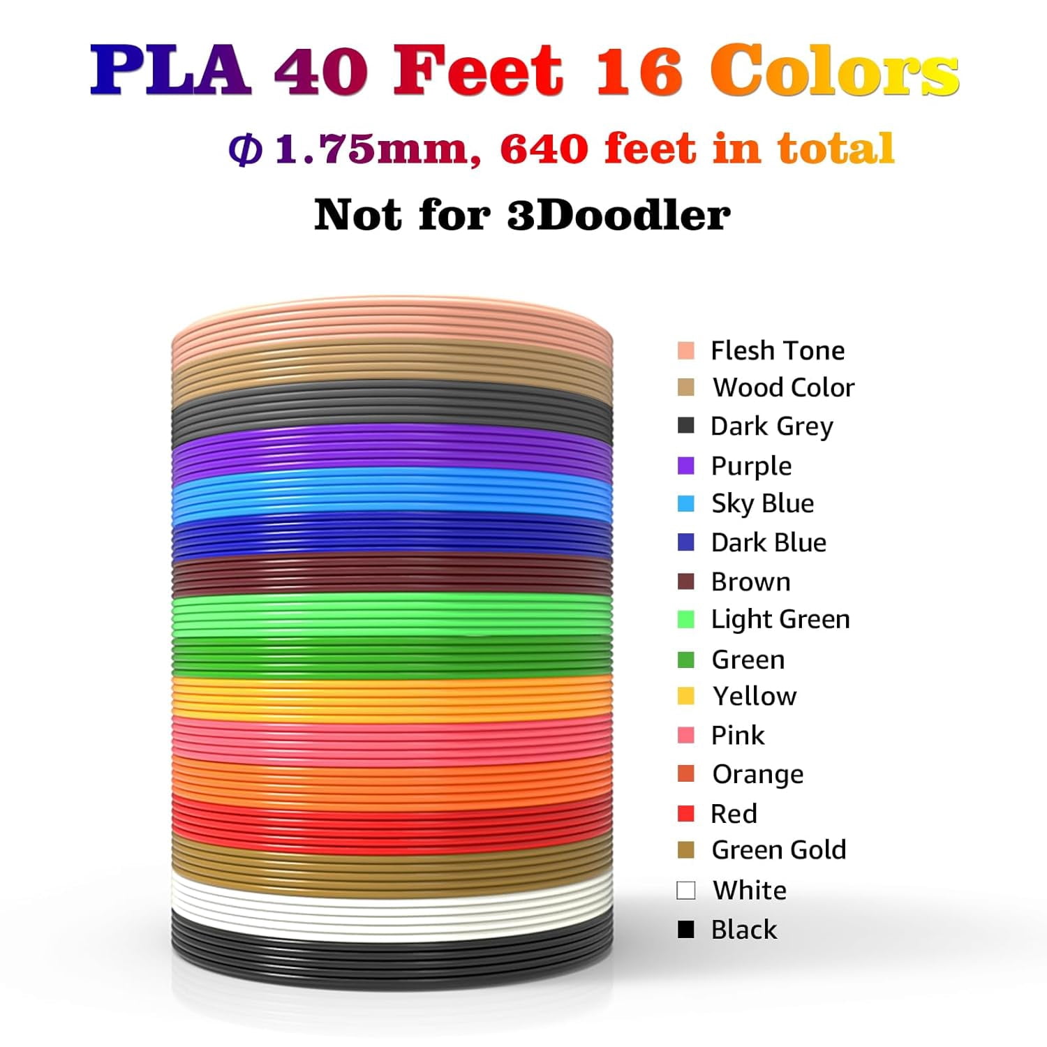 3D Pen Refills 1.75mm PLA Filament 640 Feet 16 Colors, Each Color 40ft, Bonus 250 Stencils eBooks, 3D Pen Material