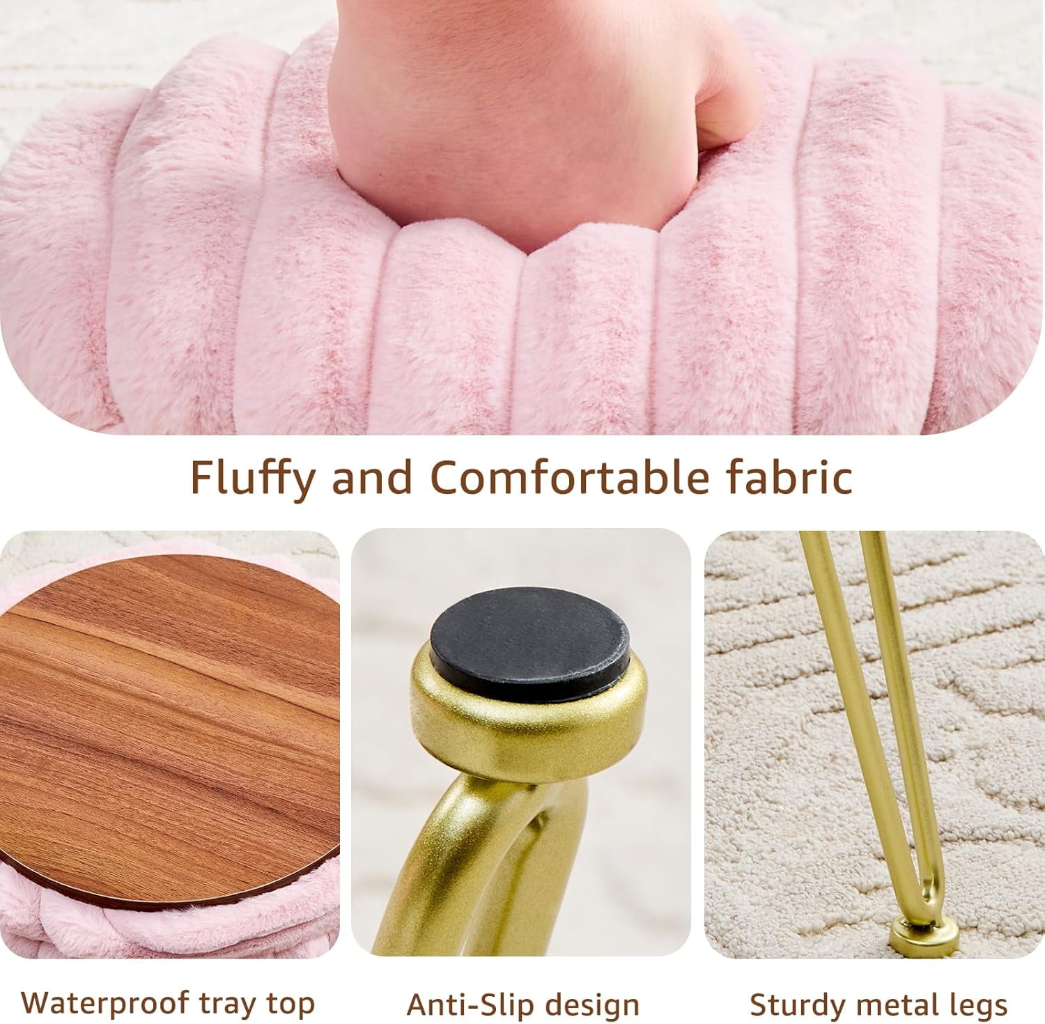 Casa Pura Furniture Faux Fur Vanity Stool with Storage Round Ottoman Footstool with Gold Metal Legs, Makeup Vanity Chair for Bedroom, Pink