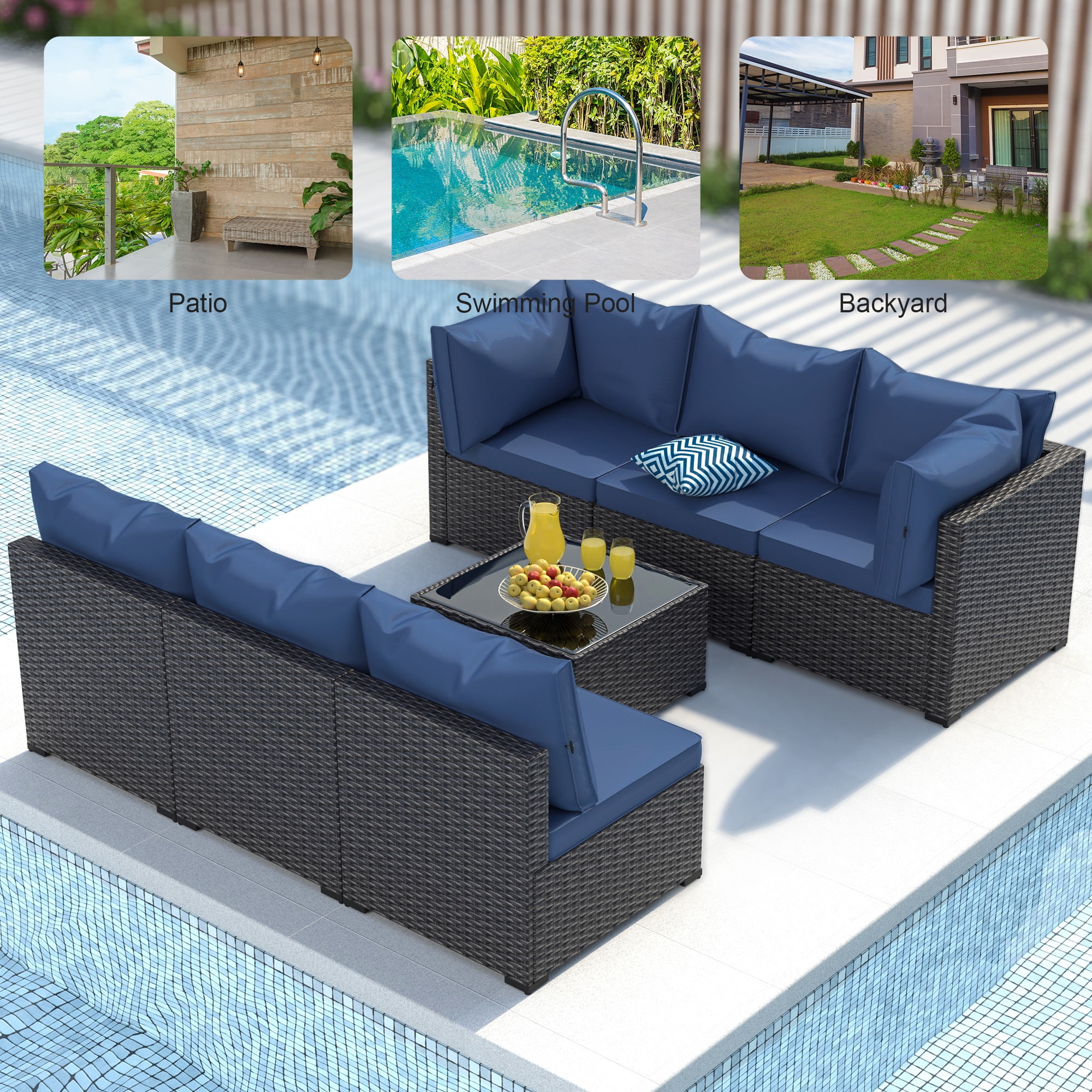 GOJOOASIS Patio Furniture Set, 7 Pieces Outdoor PE Rattan Couch with Glass Table All Weather Sectional Washable Cushion Blue