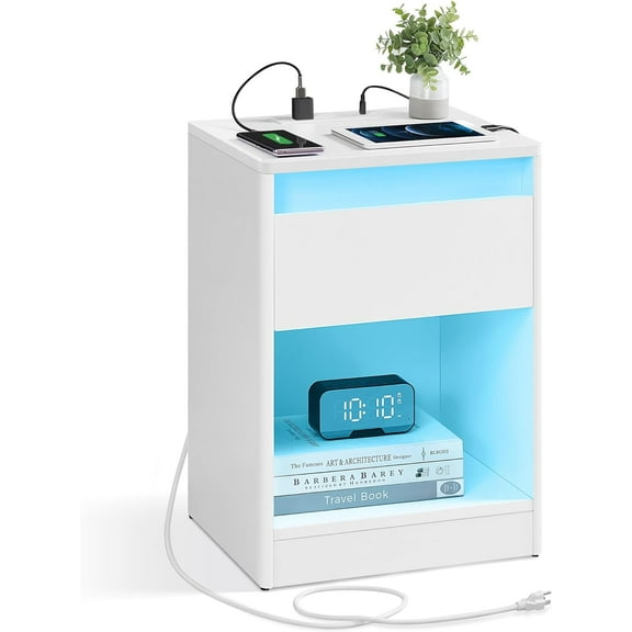 LED Nightstand with Charging Station Bedside Table with Drawer 2 AC Outlets 2 USB Ports Modern for Bedroom Living Room 13.7" D x 15.7" W x 21.7" H White