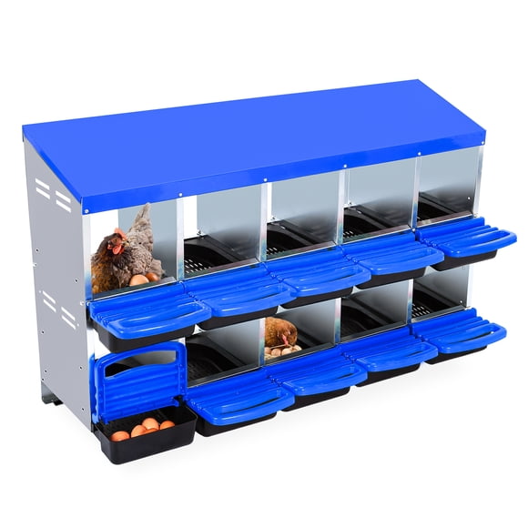 Towallmark Caja Nido Gallinas Metálica 10 Compartimentos Azul - Roll Away Recolección Huevos Tapa Protectora