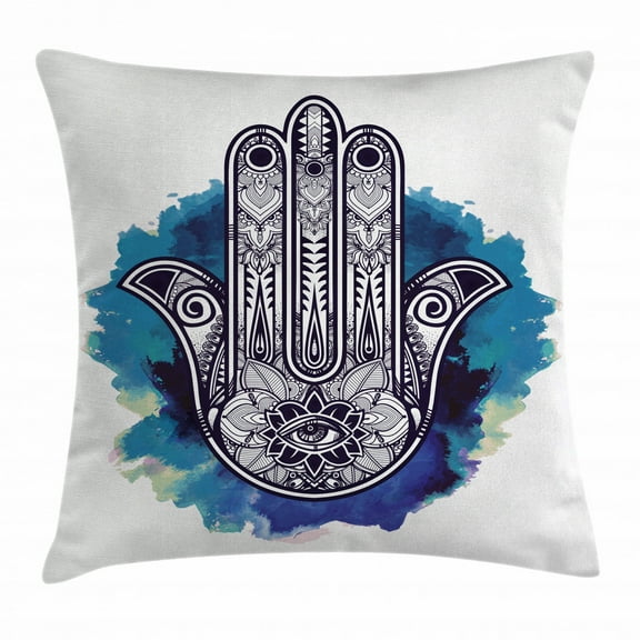 Evil Eye Throw Pillow Cushion Cover, Hamsa on Watercolor Brushstrokes Backdrop Amulet Floral Elements, Decorative Square Accent Pillow Case, 18 X 18 Inches, Dark Blue Light Blue White, by Ambesonne