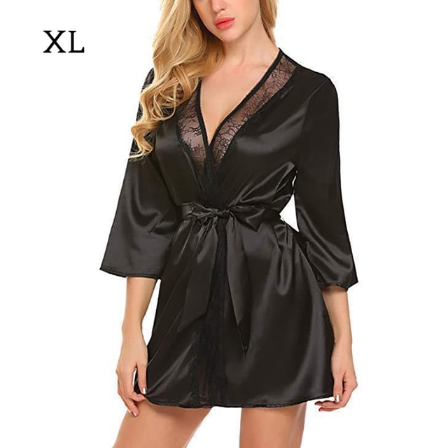Camisón sexy para mujer, camisón de encaje, color sólido, albornoz de longitud media, ropa de dormir kenally AP001711-14