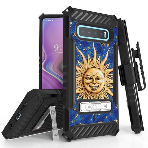 Galaxy S10 Plus (SM-G975) Case, TRISHIELD Rugged Cover With   [Belt Clip Holster]   [Built in kickstand] For Samsung Galaxy S10 Plus - Moon Stars Sun