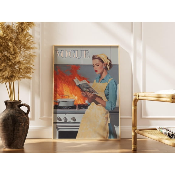 Vintage Style Kitchen Art Print, Fashion Magazine Wall Art, Funny Cooking Disaster Wall Art, Mid Century Modern Poster, Poster Only