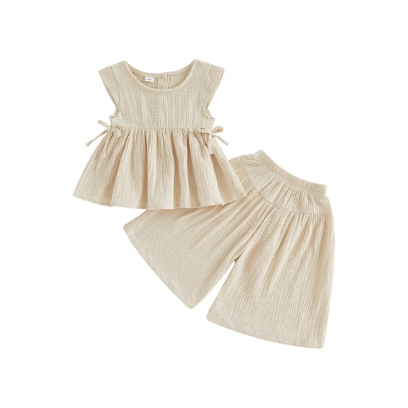 Gzhioc Toddler Baby Girl Summer Clothes Set 6 12 18 24 Months 2T 3T 4T Solid Bow Sleeveless Babydoll Tops and Wide Leg Shorts Outfit