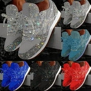 Women's Casual Lace Up Sneakers Breathable Crystal Sparkling Sneakers Comfortable Sparkling Rhinestone Flat Heels