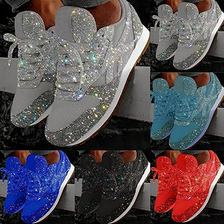 KAQ Women's Casual Breathable Crystal Bling Lace Up Sport Shoes Sneakers Glitter Tennis Sneakers Comfy Sparkly Rhinestone Bling Running Shoes Shiny