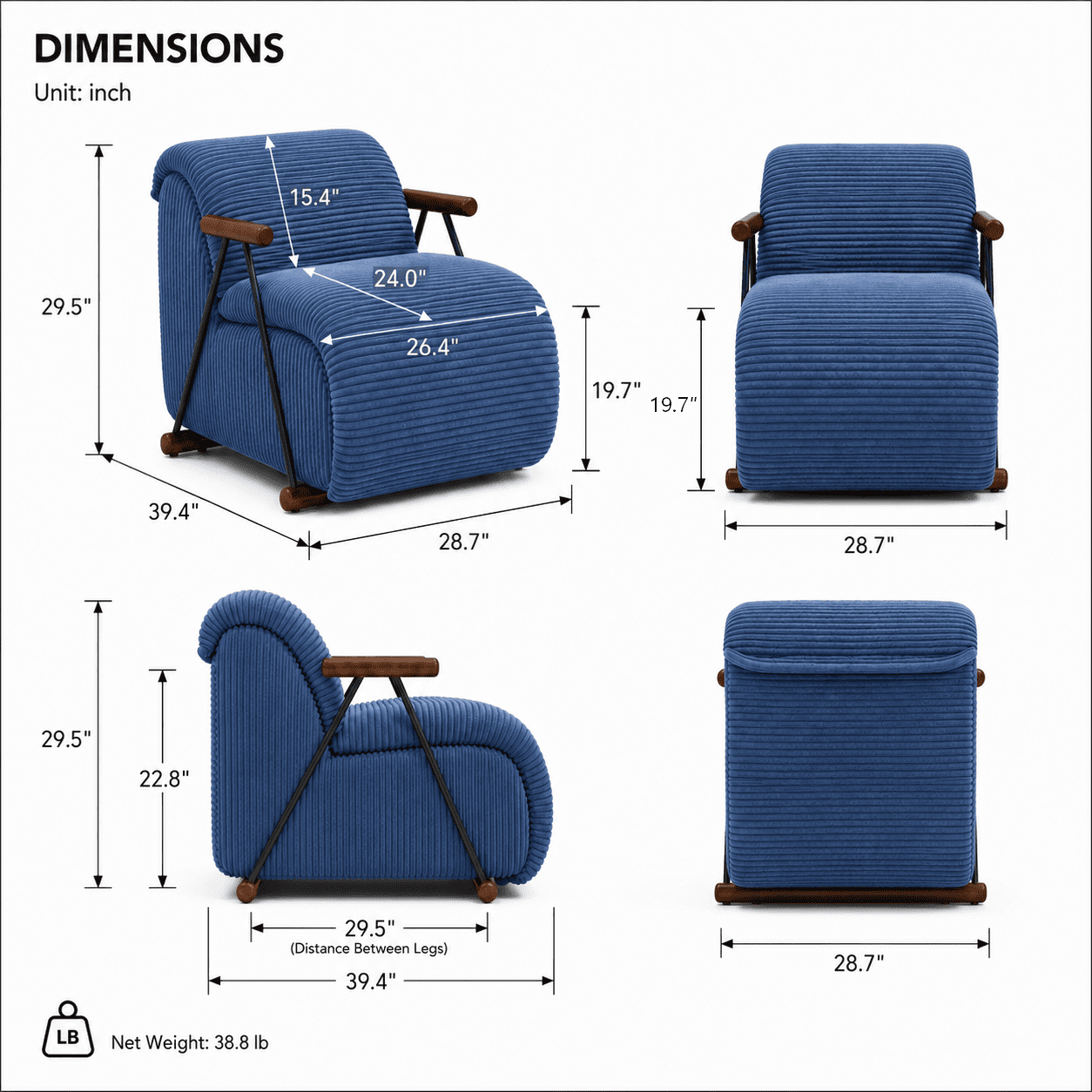 MOONMISS Corduroy Accent Chair, Upholstered Lounge Armchair with Solid Wood Armrests & Minimalist Metal Frame for Living Room, Bedroom,Navy Blue