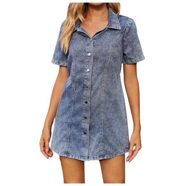 Vestido vaquero para mujer, con cuello con muesca y botones a presión, cintura elástica, para llevar en verano o en looks informales.