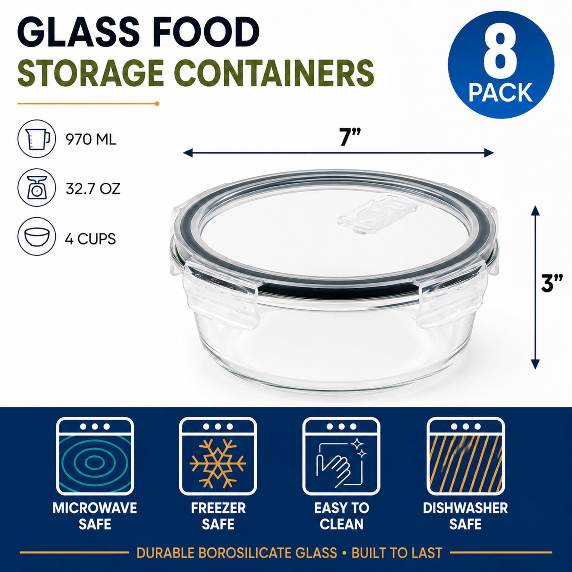 Sorbus 8-Pack Glass Meal Prep Bowls with Airtight Lids, Steam Vent, Leakproof Storage Containers