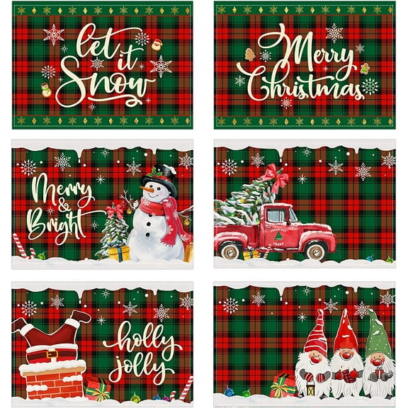 JOOCAR Christmas Placemats 18x12 Inch Christmas Decor Red and Green Buffalo Plaid Santa Snowman Retro Truck Placemats for Home Dining Table Festive Decor Rectangular Placemats Set of 6