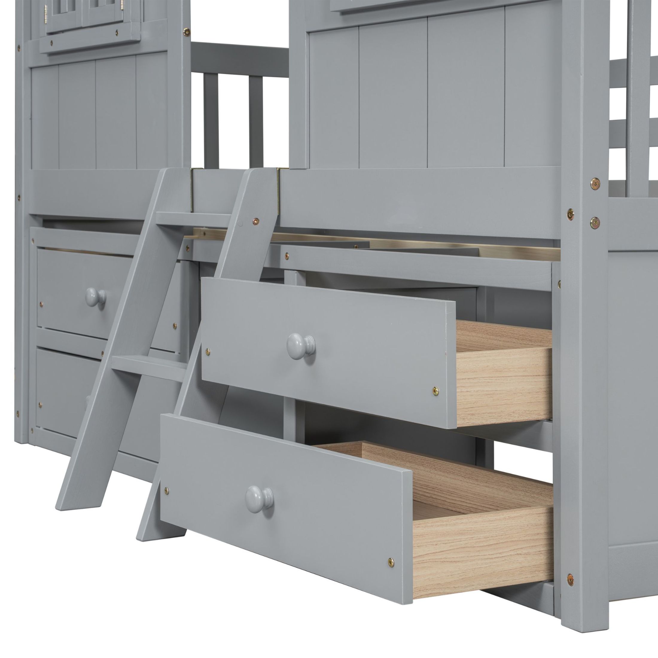 Noble House Full Size House Loft Bed, Pine Wood Frame with Roof, Windows, Ladder, and Storage Drawers, Grey