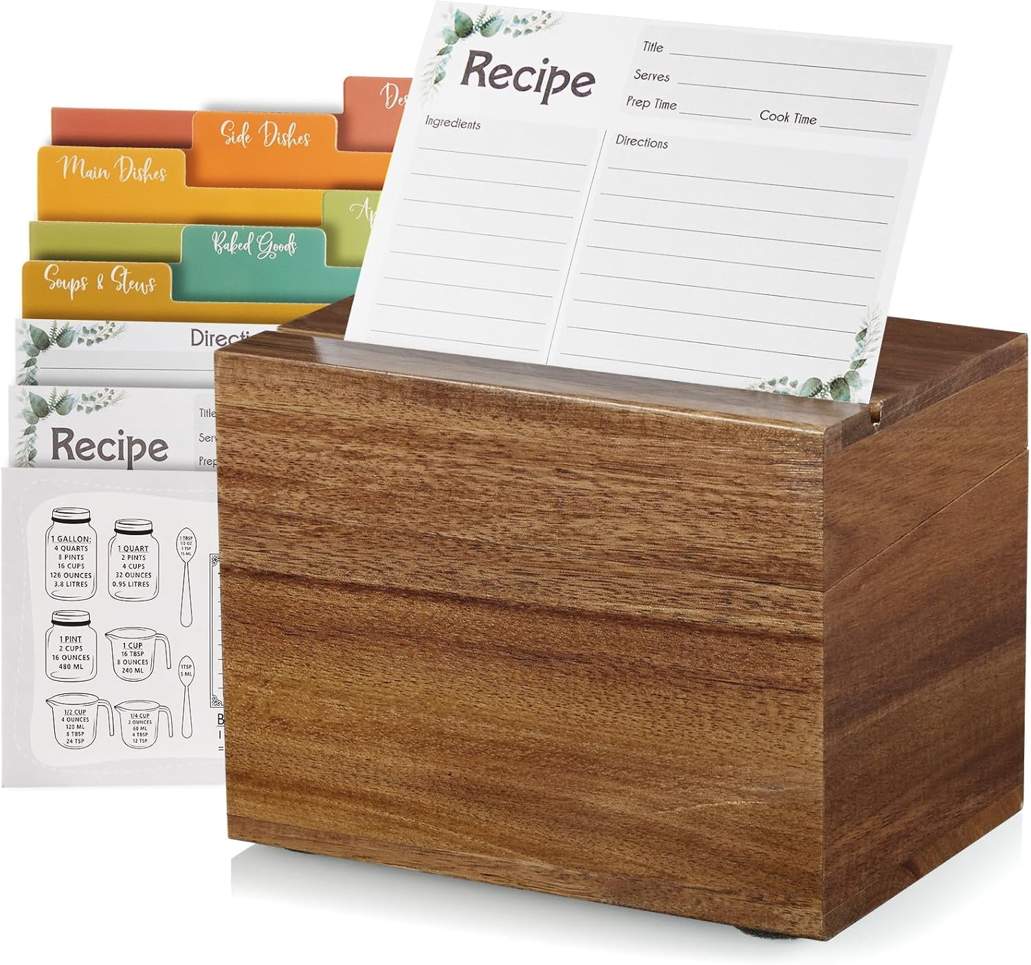 MHSIOAP-Recipe Card Box, Acacia Recipe Holder 4x6, Recipe Organizer with 50 Cards and 6 Dividers, Index Card Box, Wooden Box for Kitchen Countertop