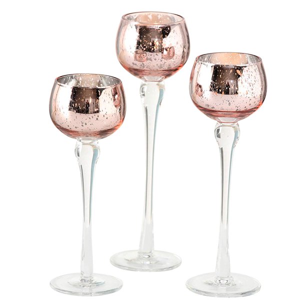 Baby Peach Long Stem Candle Holders, Set of 3, Silver Lined Cups, Clear