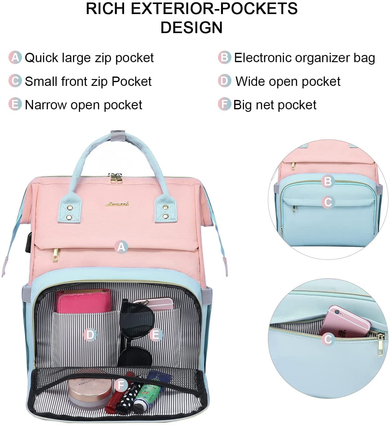 Lovevook Laptop Bag 15.6", Women Work Computer Bag Teacher Nurse Backpack Purse with USB, Waterproof Travel Backpack College Bookbag