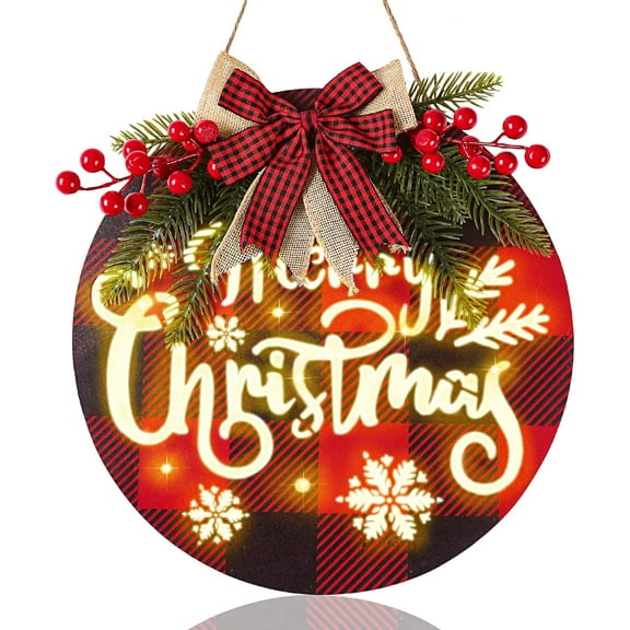 12in Merry Christmas Door Sign Lighted Christmas Wreath Buffalo Plaid Bows Christmas Sign for Outside Decorations