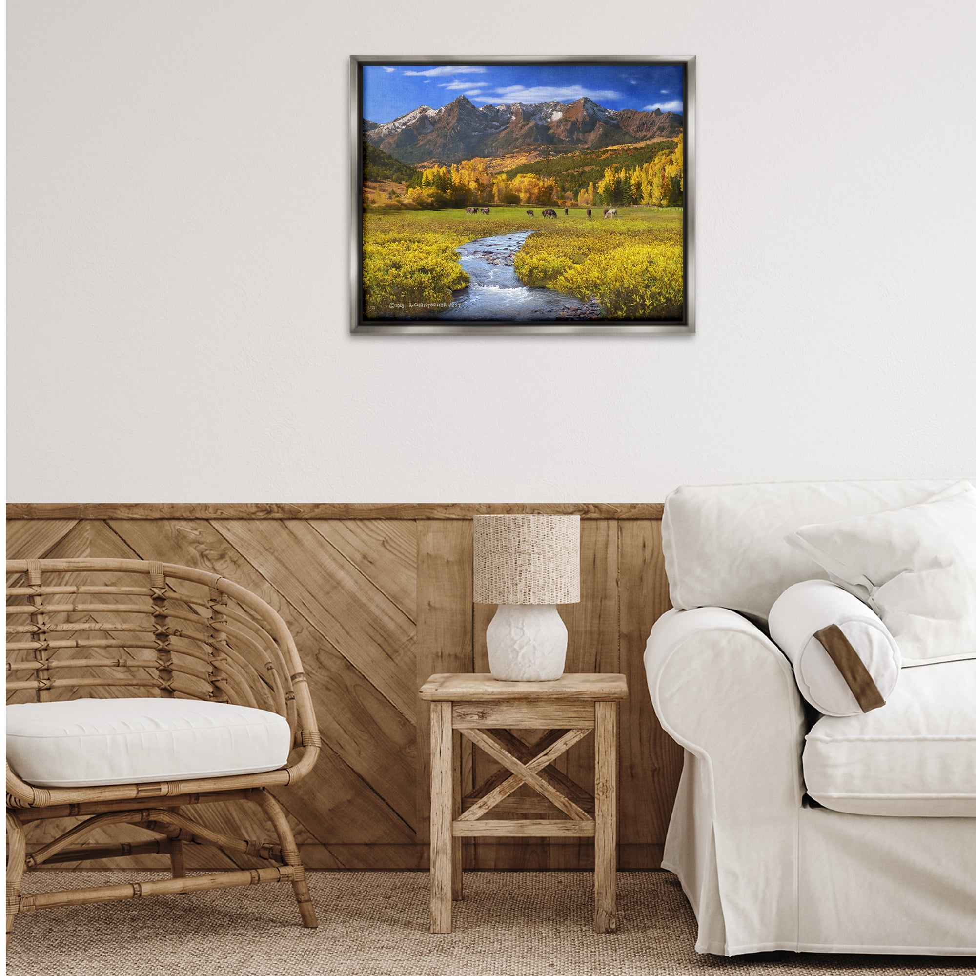 Stupell Industries Horse Ranch Autumn View Landscape & Nature Photography Gray Floater Framed Canvas Art Print Wall Art, 31 x 25